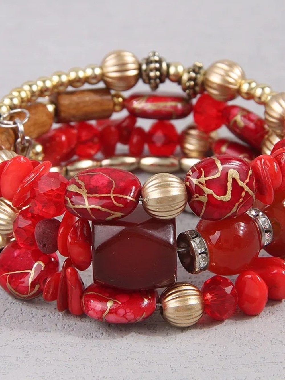 Red Beaded Stretch Bracelet Stack with Gold Accents